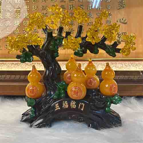 Phong Thủy Decor Cây Thạch Anh 5 Hồ Lô Vàng PT002