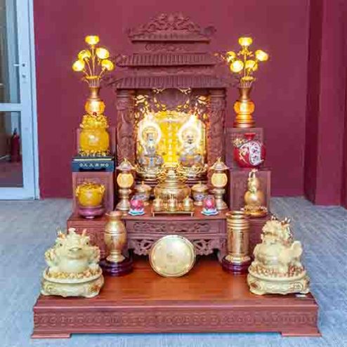 Bàn Thần Tài Thổ Địa 3 Mái Gỗ Hương Đồ Thờ Hợp Kim TT1836
