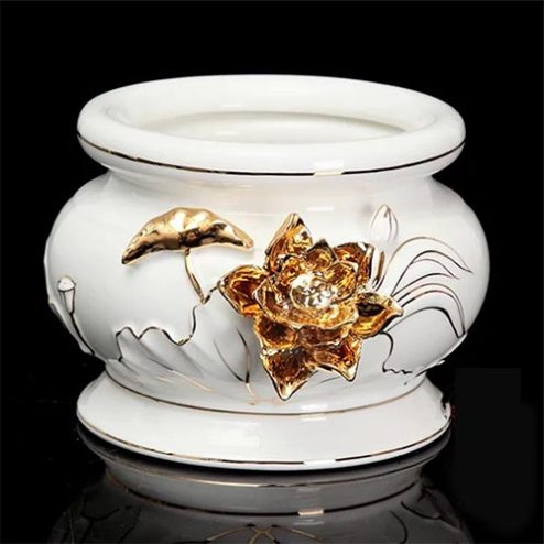 Bát Hương Bạch Ngọc Kim Hoa Sen Vàng Nổi DT523