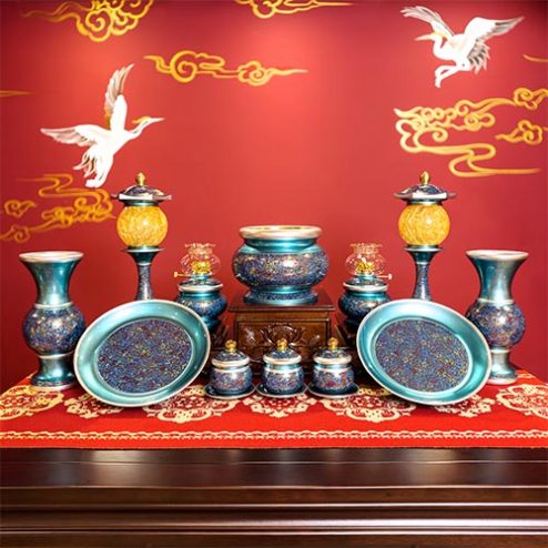 Bộ Đồ Thờ Đồng Hoa Văn Xanh Dương Nhập Khẩu Cao Cấp BDT048