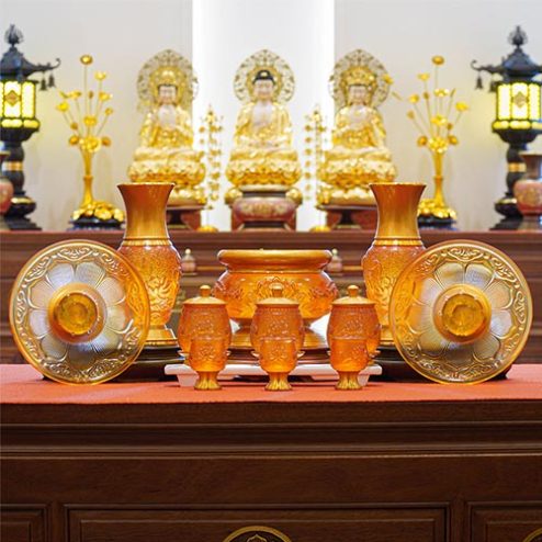 Bộ Đồ Thờ Lưu Ly Hoa Sen Hổ Phách Đỏ BDT045