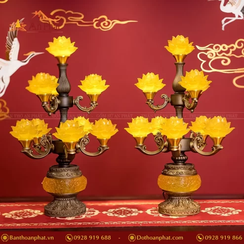 Đèn thờ điện hoa sen lưu ly bình nâu 9 bông DTD1361 An Phát
