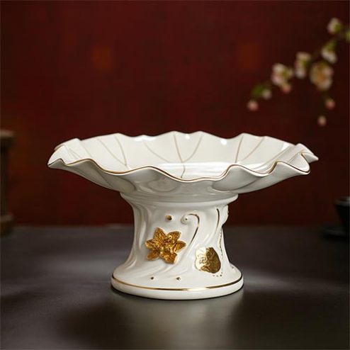 Đĩa Thờ Sứ Bạch Ngọc Kim Sen Vàng Nổi DT527
