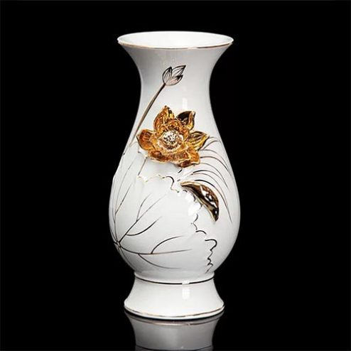Lọ Hoa Sứ Bạch Ngọc Kim Sen Vàng Nổi DT526