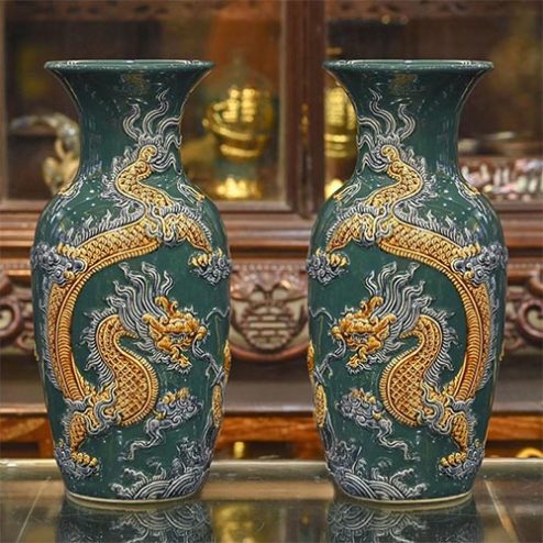 Lọ Lộc Bình Bát Tràng Men Xanh Đắp Nổi Rồng DT723