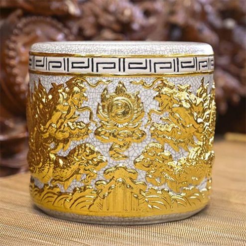 Bát Hương Bát Tràng Men Rạn Rồng Dát Vàng DT688