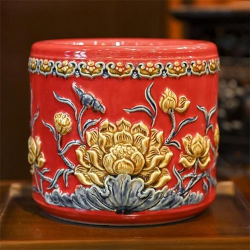 Bát Hương Men Đỏ Đắp Nổi Hoa Sen Gốm Bát Tràng DT685