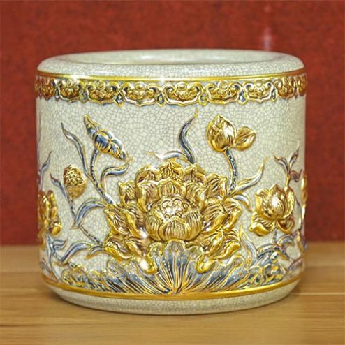 Bát Hương Men Rạn Hoa Sen Vẽ Vàng Bát Tràng DT668