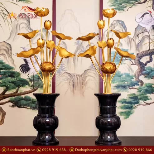Bình Hoa Sen Đồng Bình Đen Cành Vàng DTD1444 An Phát