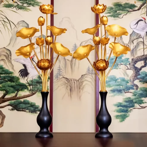 Bình Hoa Sen Đồng Cao Cấp Bình Đen Cành Vàng DTD1446 An Phát