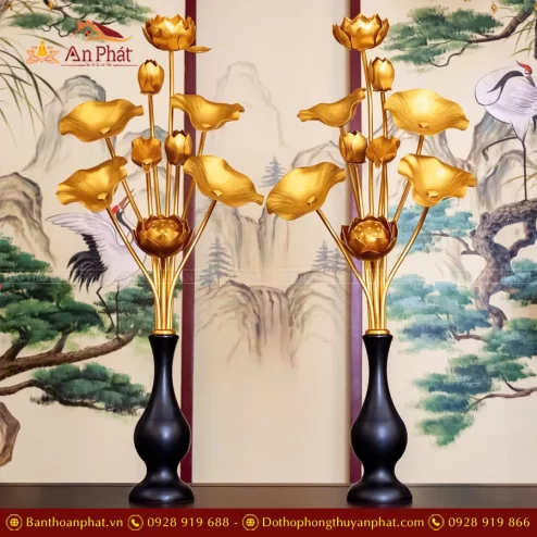 Bình Hoa Sen Đồng Cao Cấp Bình Đen Cành Vàng DTD1446 An Phát