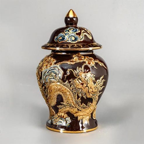 Choé Thờ Cao Cấp Bát Tràng Men Nâu Đắp Nổi Rồng Vẽ Vàng DT747