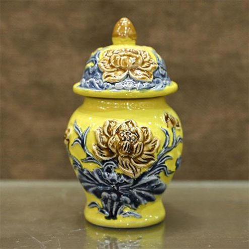 Choé Thờ Đắp Nổi Hoa Sen Gốm Vàng Sứ Bát Tràng DT754
