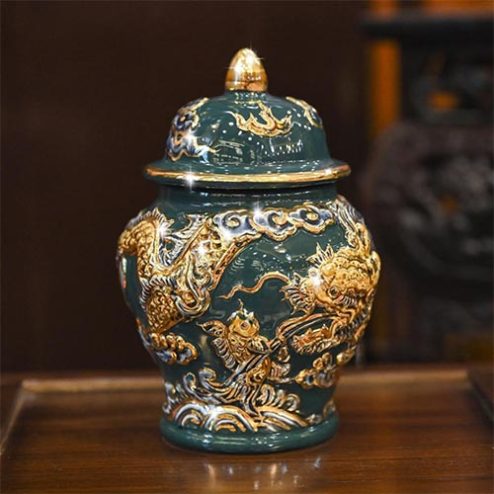 Choé Thờ Đắp Nổi Rồng Xanh Vẽ Vàng Gốm Bát Tràng DT656