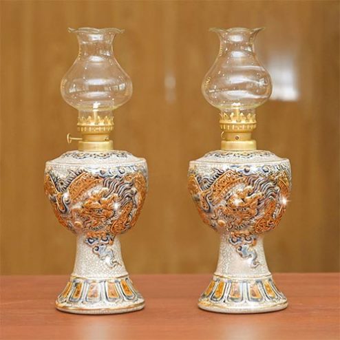 Đèn Dầu Thờ Men Rạn Đắp Nổi Rồng Vẽ Vàng Gốm Bát Tràng DT773