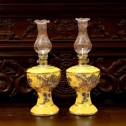 Đèn Thờ Dầu Men Màu Vàng Rồng Đắp Nổi Vẽ Vàng DT778