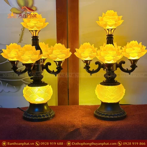 Đèn thờ điện lưu ly 5 bông hoa sen cao cấp DTD1480 An Phát