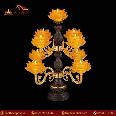 Đèn thờ điện lưu ly đế đồng mắc áo 9 bông hoa sen