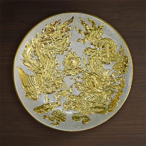 Đĩa Thờ Long Phụng Chầu Nguyệt Men Rạn Đắp Nổi Dát Vàng DT698