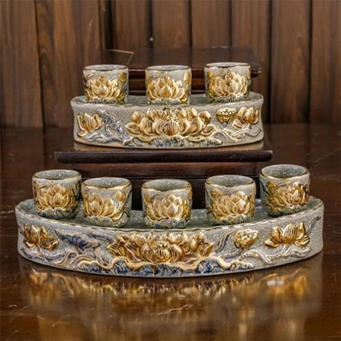 Kỷ Chén Cong Men Rạn Đắp Nổi Vẽ Vàng Cao Cấp DT794