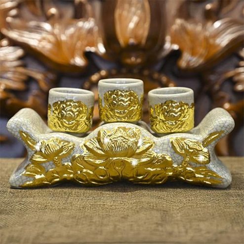 Kỷ Chén Dát Vàng Men Rạn Hoa Sen Bát Tràng DT793