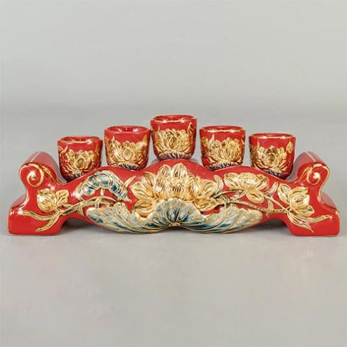 Kỷ Chén Ngai Đỏ Đắp Nổi Vẽ Vàng Cao Cấp DT797