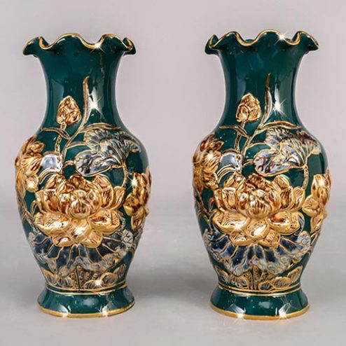 Lọ Hoa Bát Tràng Gốm Xanh Đắp Nổi Hoa Sen Vẽ Vàng DT719