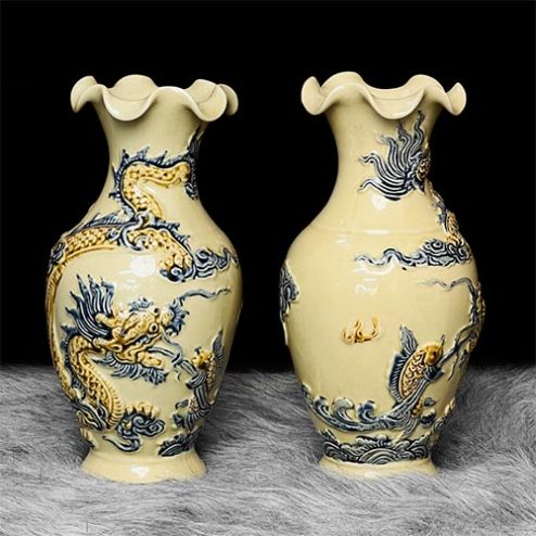 Lọ Hoa Hoàng Thổ Đắp Nổi Rồng Gốm Bát Tràng DT715