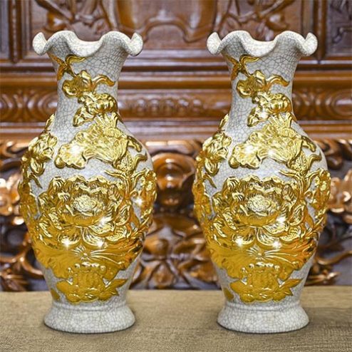 Lọ Hoa Men Rạn Đắp Nổi Hoa Sen Dát Vàng Miệng Lượn DT712