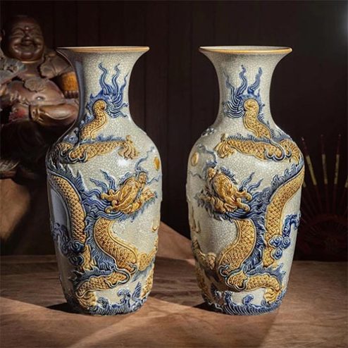 Lọ Lộc Bình Bát Tràng Men Rạn Đắp Nổi Rồng DT720