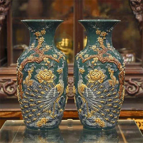 Lọ Lộc Bình Công Đào Bát Tràng Gốm Xanh Đắp Nổi DT733