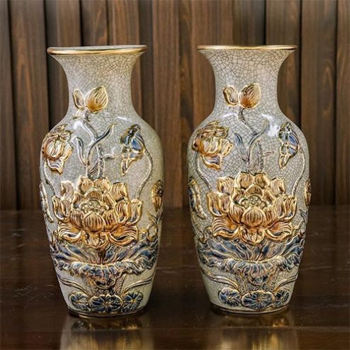 Lọ Lộc Bình Gốm Bát Tràng Men Rạn Đắp Nổi Hoa Sen Vẽ Vàng DT740