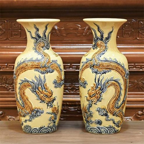 Lọ Lộc Bình Hoàng Tộc Gốm Bát Tràng Đắp Nổi Rồng DT727