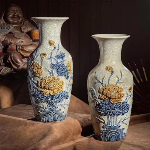 Lộc Bình Bát Tràng Men Rạn Đắp Nổi Hoa Sen DT721