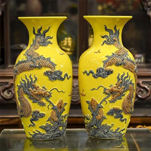 Lộc Bình Bát Tràng Rồng Men Vàng Đắp Nổi DT724