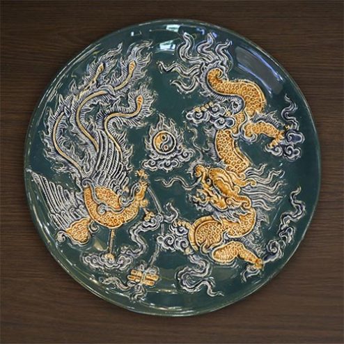 Mâm Bồng Men Bát Tràng Xanh Đắp Nổi Long Phụng Chầu Nguyệt DT700