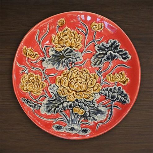 Mâm Bồng Thờ Men Đỏ Đắp Nổi Hoa Sen Gốm Bát Tràng DT702