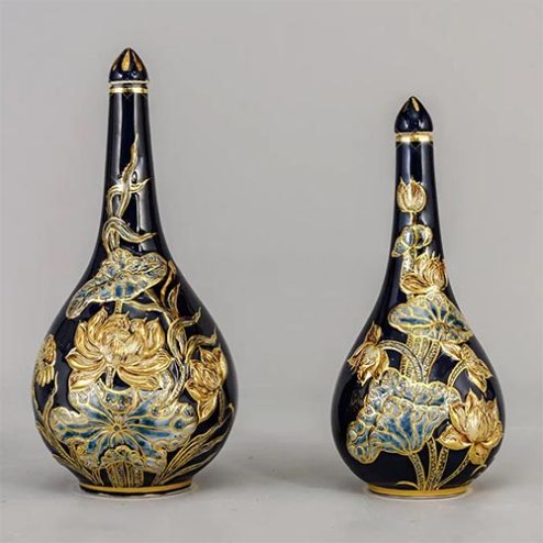 Nậm Rượu Bát Tràng Men Xanh Coban Đắp Nổi Vẽ Vàng Dáng Bầu DT832