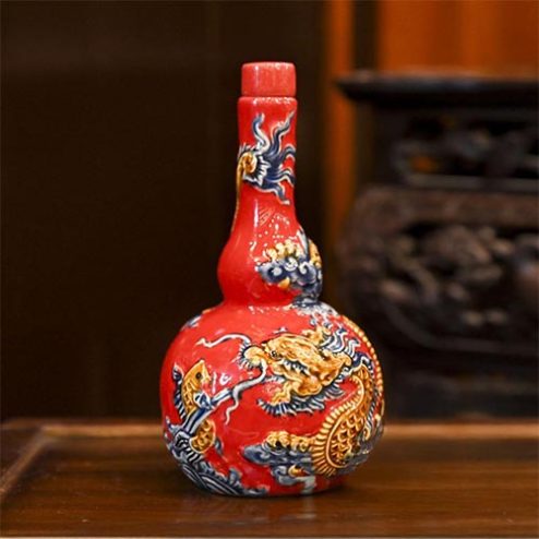 Nậm Rượu Bầu 2 Men Màu Đỏ Đắp Nổi Bát Tràng DT820