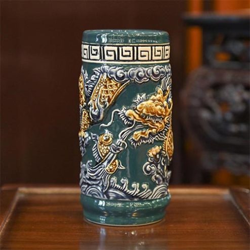 Ống Hương Bát Tràng Men Màu Xanh Đắp Nổi DT814