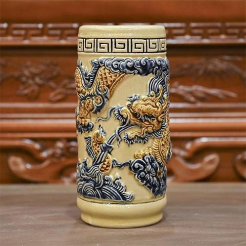 Ống Hương Hoàng Thổ Đắp Nổi Bát Tràng DT812