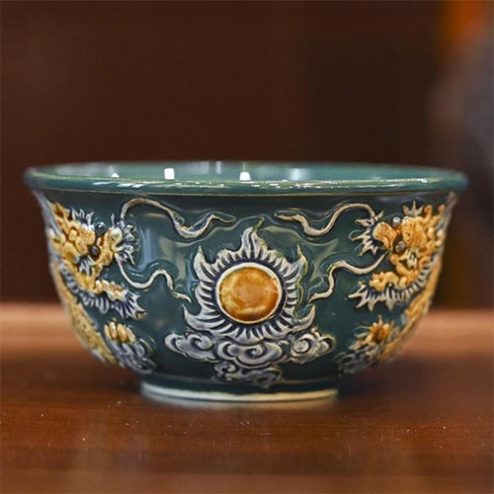 Bát Cơm Cúng Bát Tràng Men Màu Xanh Đắp Nổi DT844