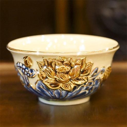 Bát Cơm Thờ Cao Cấp Hoàng Thổ Đắp Nổi Vẽ Vàng DT849