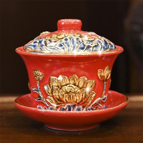 Bát Sâm Bát Tràng Cao Cấp Men Màu Đỏ Vẽ Vàng DT888