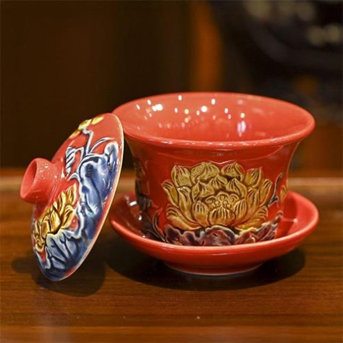 Bát Sâm Thờ Bát Tràng Men Màu Đỏ Đắp Nổi DT864