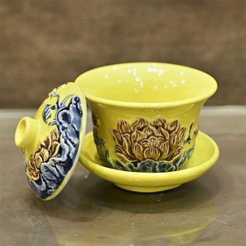 Bát Sâm Thờ Gốm Sứ Bát Tràng Men Màu Vàng Đắp Nổi DT873