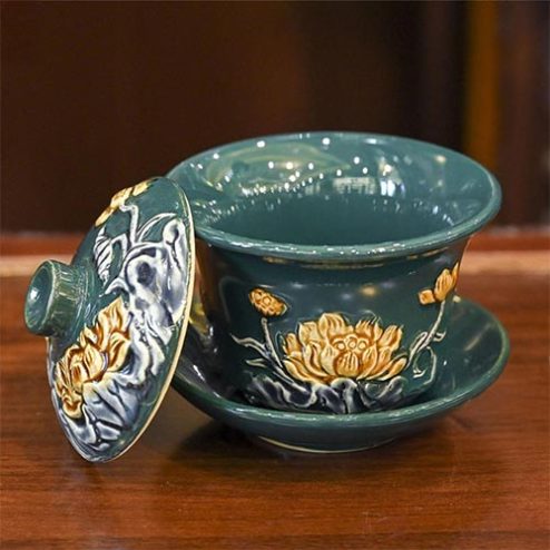 Bát Sâm Thờ Men Màu Xanh Đắp Nổi Bát Tràng DT876