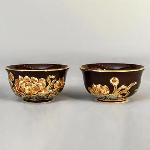 Bát Thờ Bát Tràng Men Màu Nâu Đắp Nổi Vẽ Vàng Cao Cấp DT855