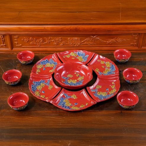 Bộ Bát Đĩa Thờ Hoa Mặt Trời Men Màu Đỏ Đắp Nổi DT915