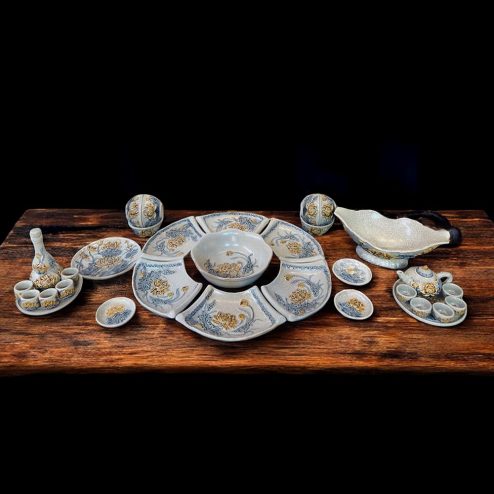 Bộ Bát Đĩa Thờ Hoa Mặt Trời Men Rạn Đắp Nổi Đầy Đủ DT914